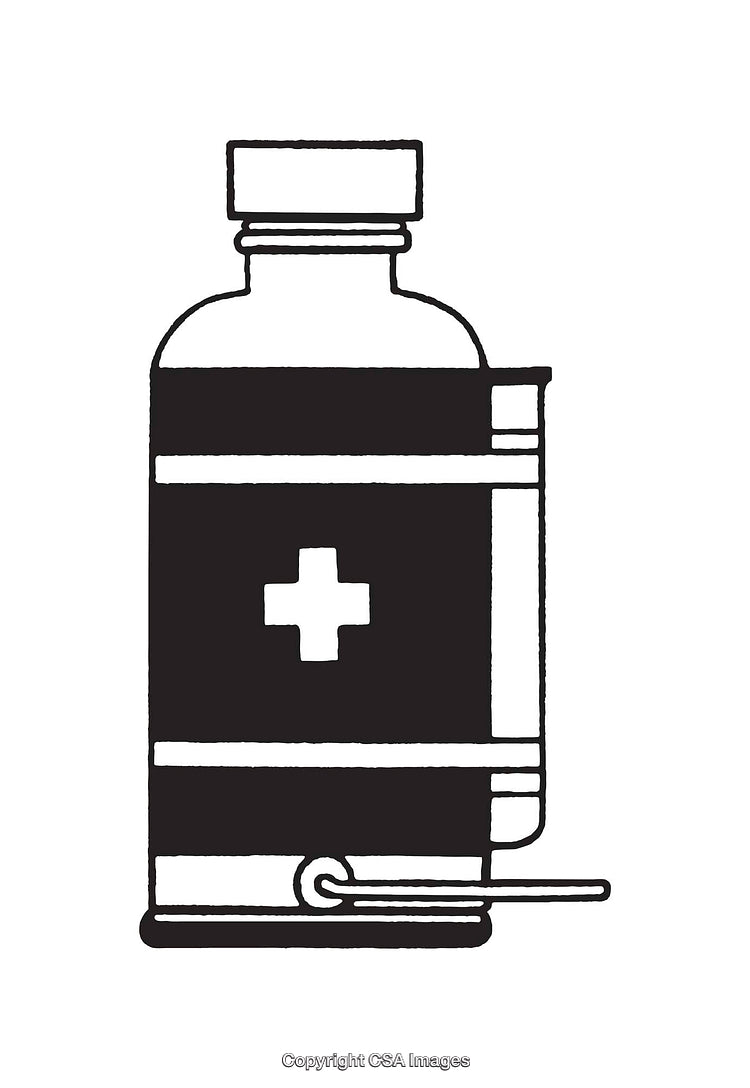 Black and White Line Art of a Medical Bottle with Cross Symbol