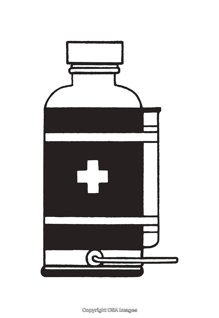 Black and White Line Art of a Medical Bottle with Cross Symbol