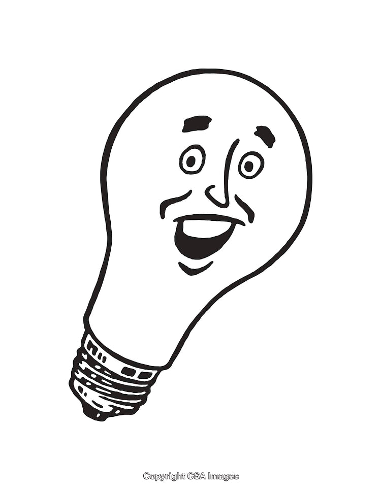 Black and White Cartoon Line Art of a Smiling Light Bulb