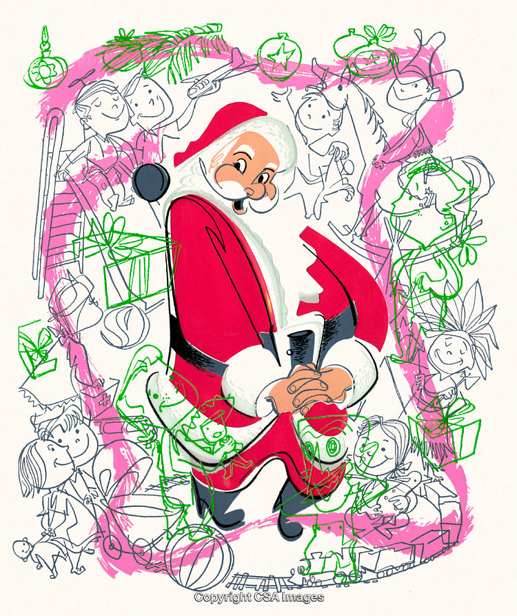 Festive Santa Claus Illustration Surrounded by Joyous Holiday Elements and Characters