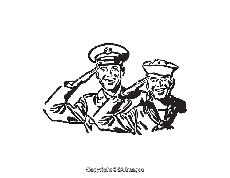 Black and White Line Art of Saluting Military Personnel in Uniform