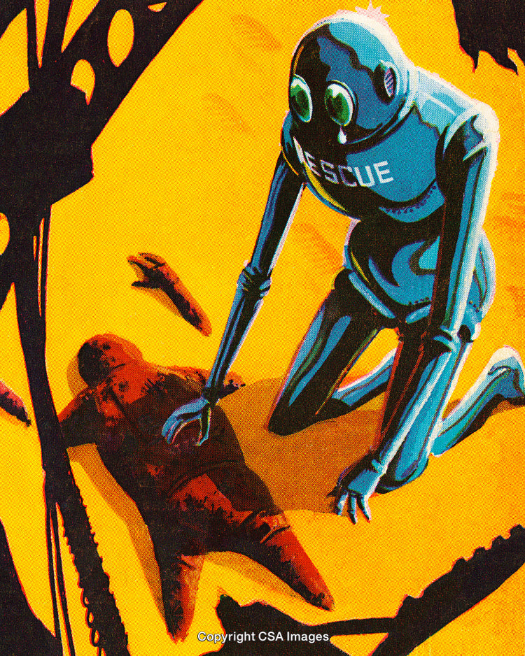 Robot Rescue Scene Depicting Futuristic Assistance and Compassion in a Dramatic Setting