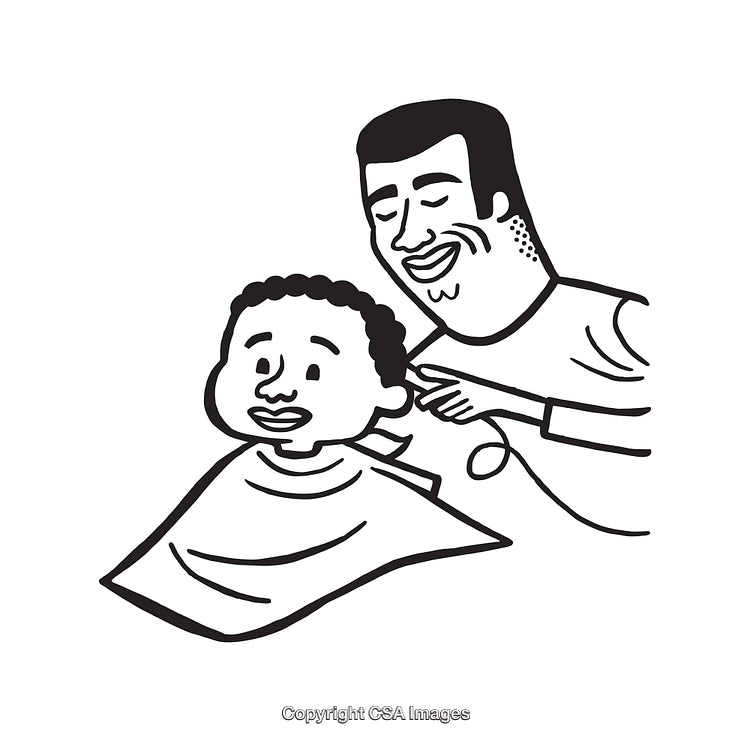 Black and White Line Art of Haircut Scene with Smiling Barber