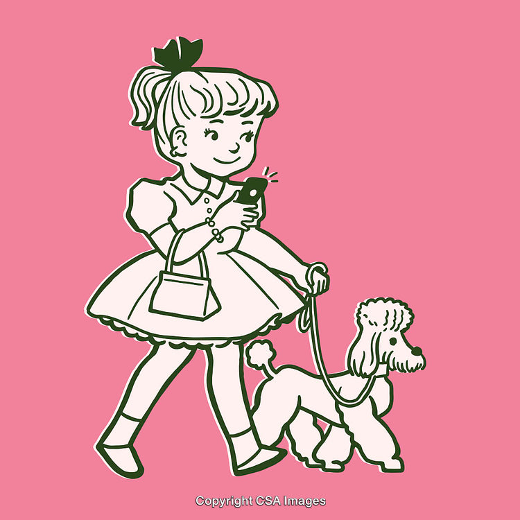 Retro Girl Walking Dog While Using Smartphone Line Art Illustration