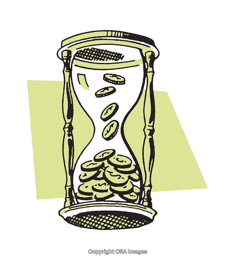 Illustration of an Hourglass with Coins Representing Time and Money
