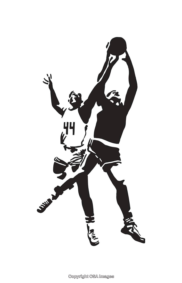 Dynamic Black and White Illustration of a Basketball Game Moment
