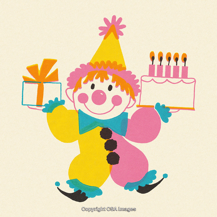 Whimsical Clown Holding Birthday Cake and Gift Illustration