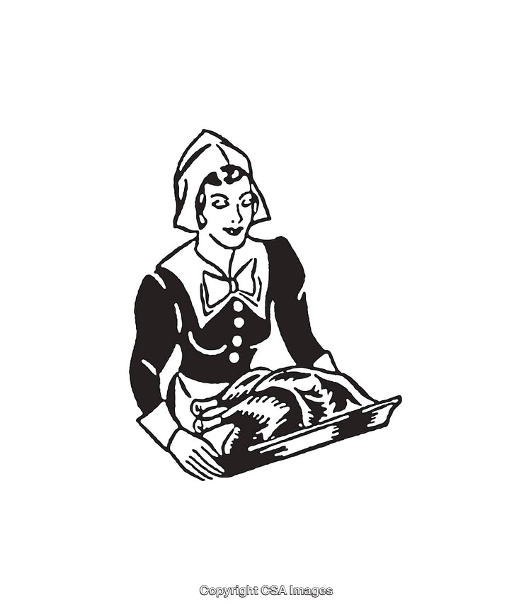 Vintage Style Illustration of Pilgrim Woman Holding a Roasted Turkey