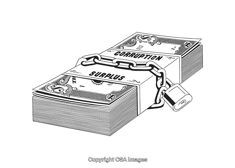 Black and White Illustration of Money Stacks Chained with Lock Symbolizing Corruption