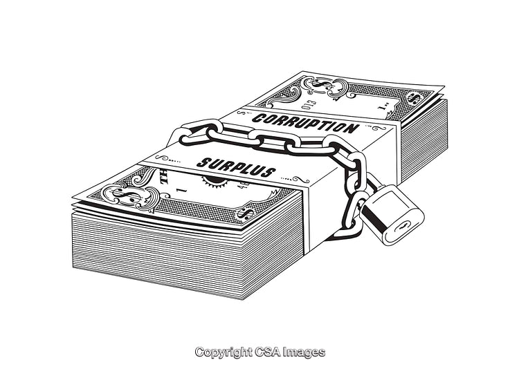 Black and White Illustration of Money Stacks Chained with Lock Symbolizing Corruption