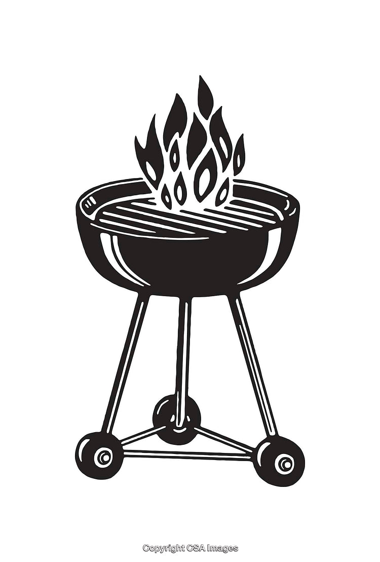 Black And White Line Art Illustration of a Barbecue Grill with Fire