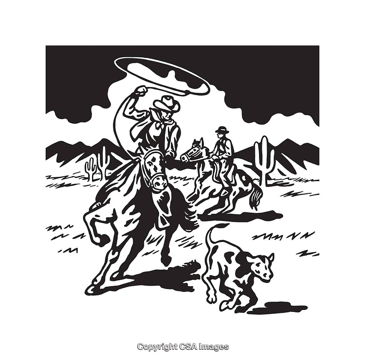 Western Cowboy Riding Horse and Lassoing a Calf in Desert Landscape