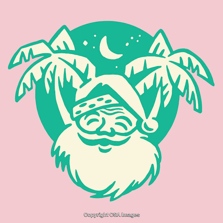 Santa Claus in Tropical Scene with Palm Trees and Crescent Moon