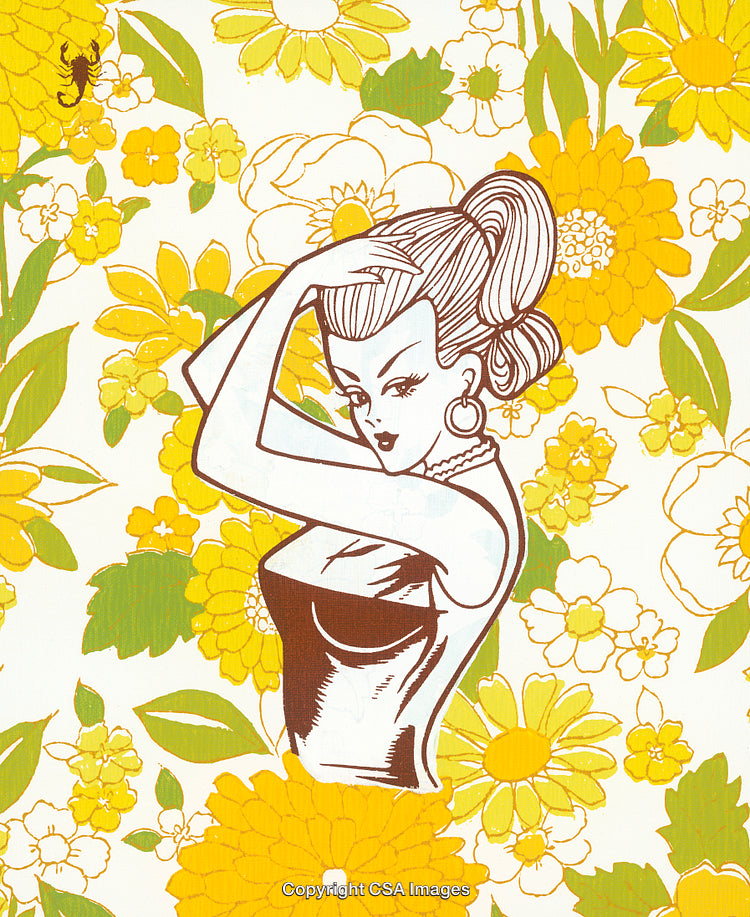 Retro Illustration of a Woman Amidst Yellow Floral Backdrop with a Scorpion
