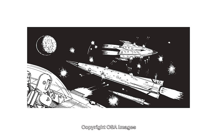 Retro Black and White Spacecraft Battle Line Art Illustration