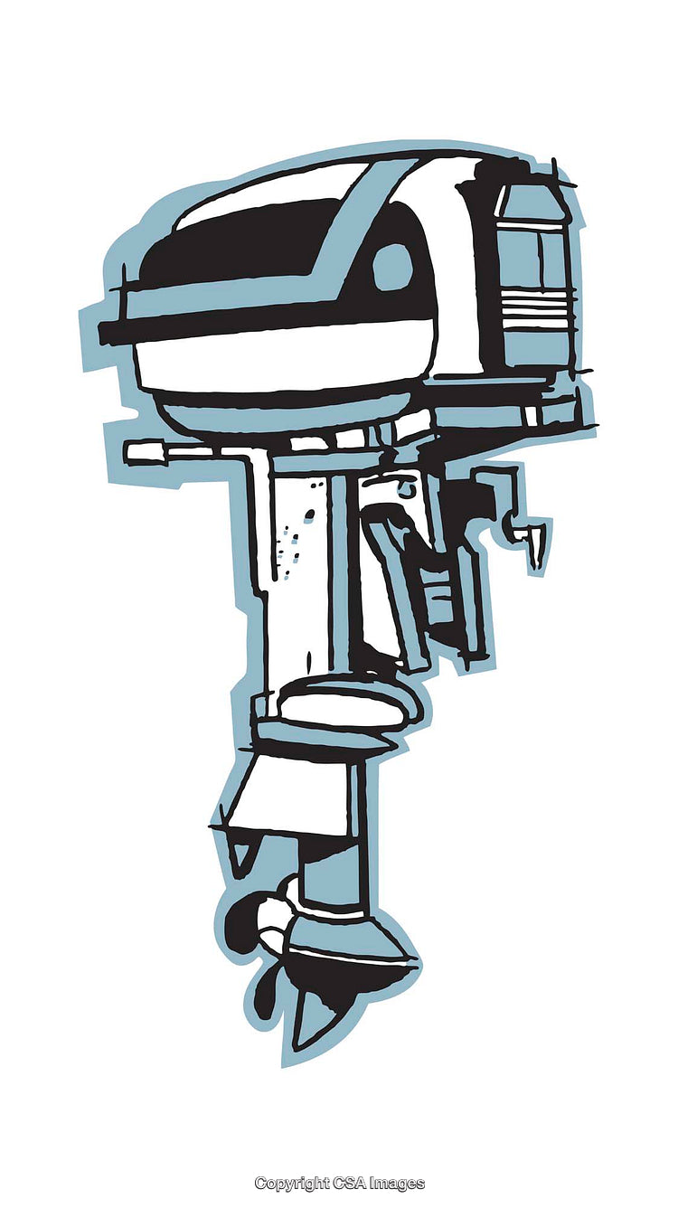 Illustrated Motorboat Engine Set on White Background with Stylized Details