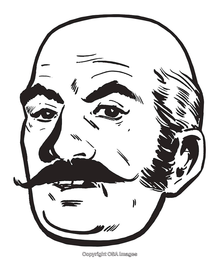 Retro Styled Illustration of a Mustached Bald Gentleman in Black and White