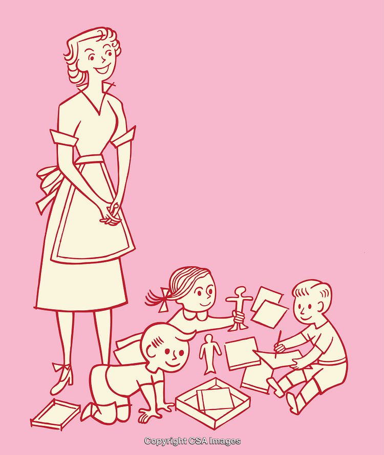 Retro Style Line Art Illustration of a Teacher and Children at Activity