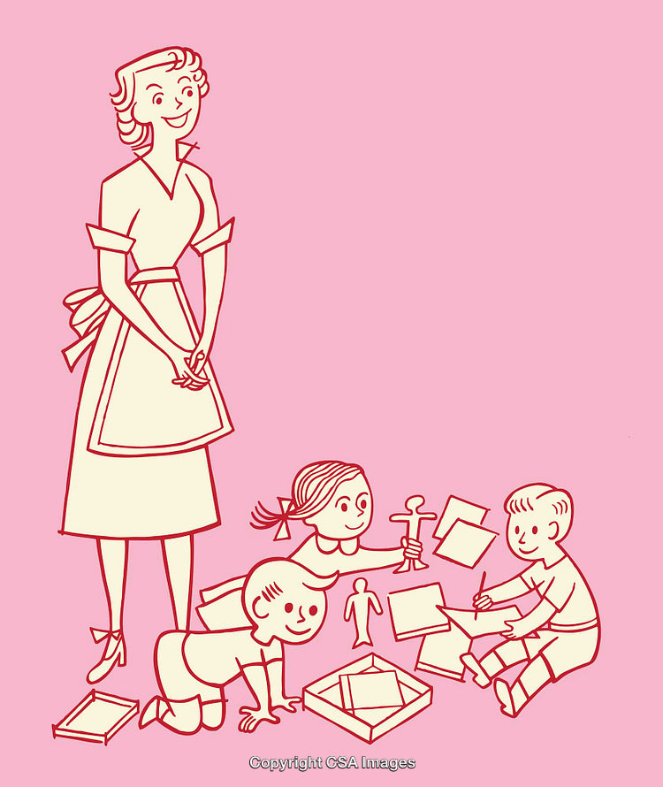 Retro Style Line Art Illustration of a Teacher and Children at Activity