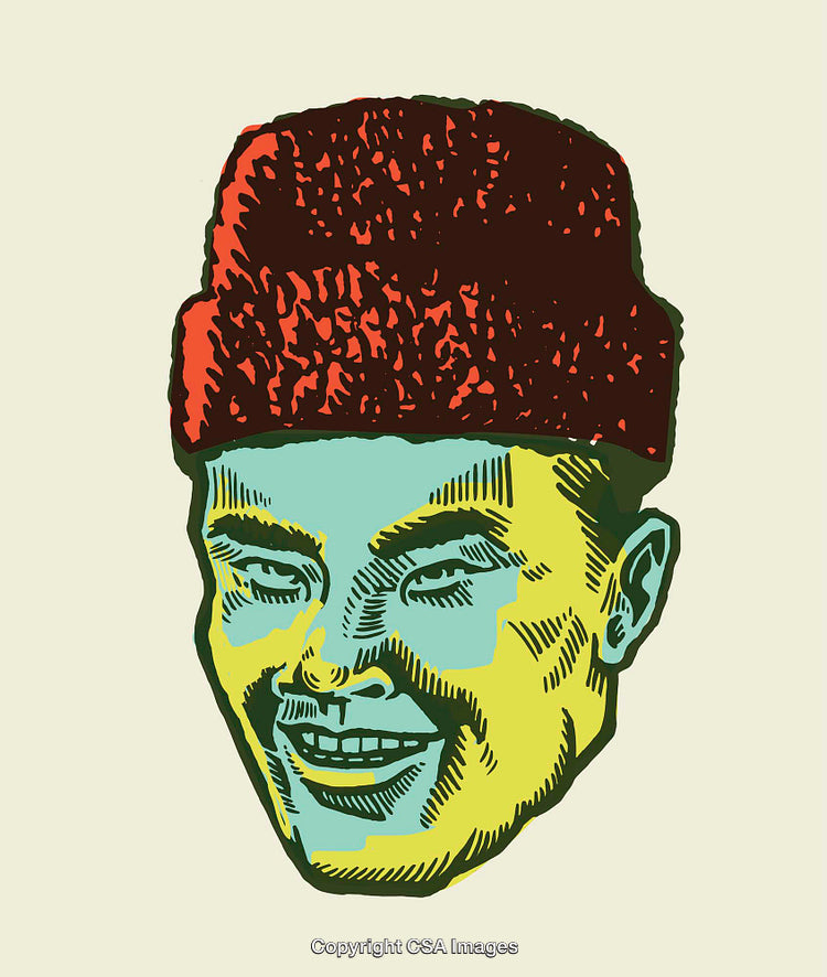 Colorful Vintage Line Art Illustration of a Smiling Man in a Red Hat