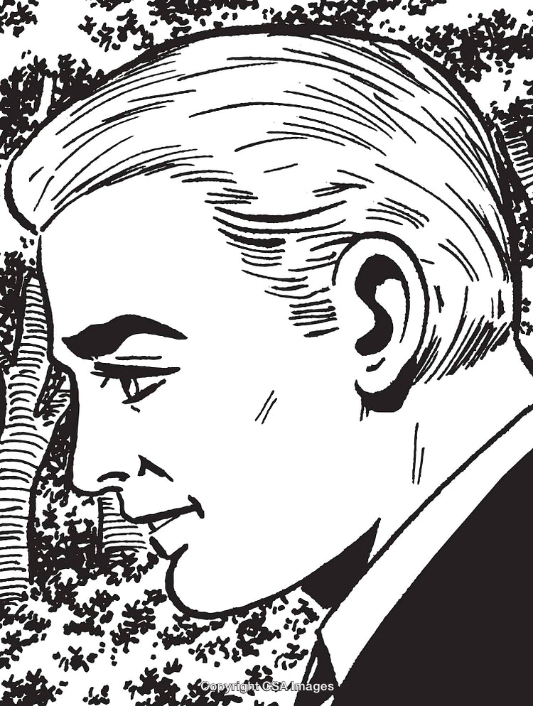 Monochrome Illustration of a Reflective Man in a Tranquil Outdoor Setting