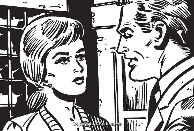 Black and White Illustration of a Man and Woman in Intense Discussion