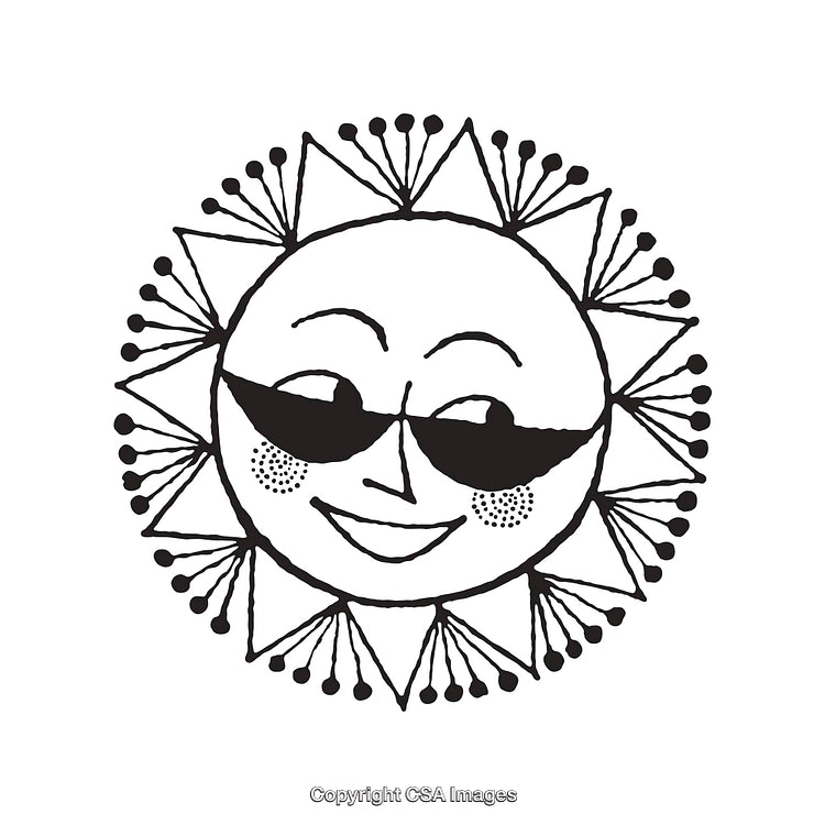 Illustrated Sun Wearing Sunglasses with Cheerful Expression in Black and White
