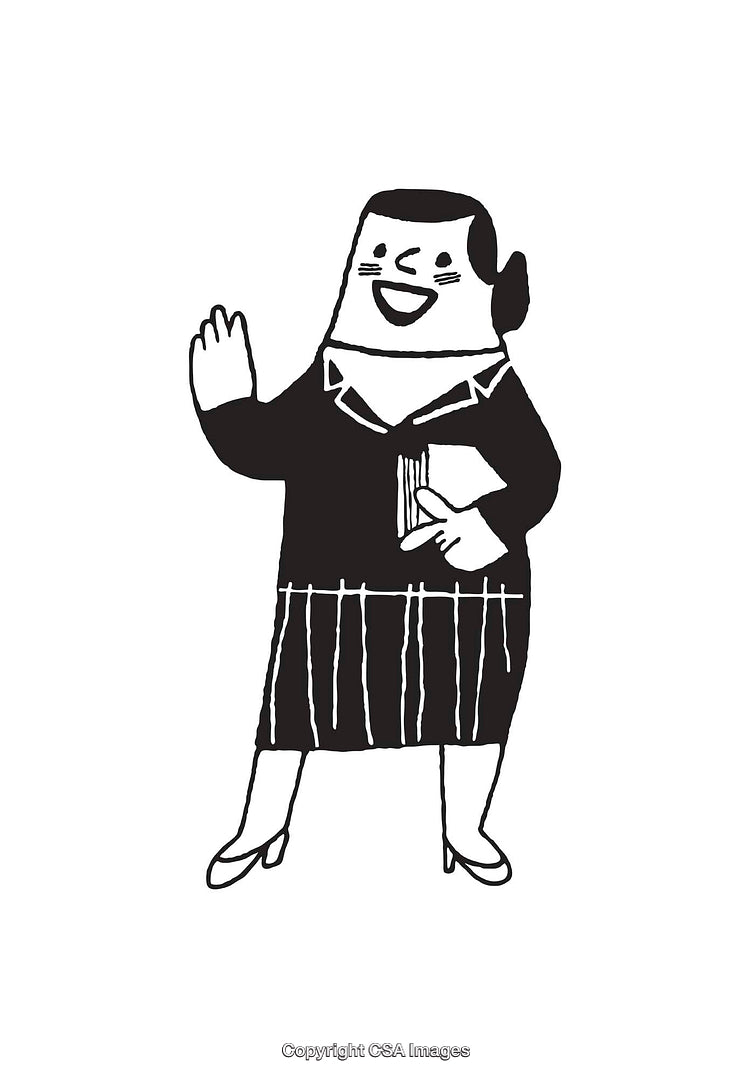 Black and White Cartoon of Happy Professional Woman Waving and Holding Papers