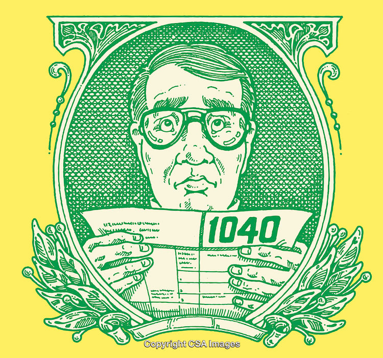 Color Line Art of a Concerned Man Viewing Tax Form 1040