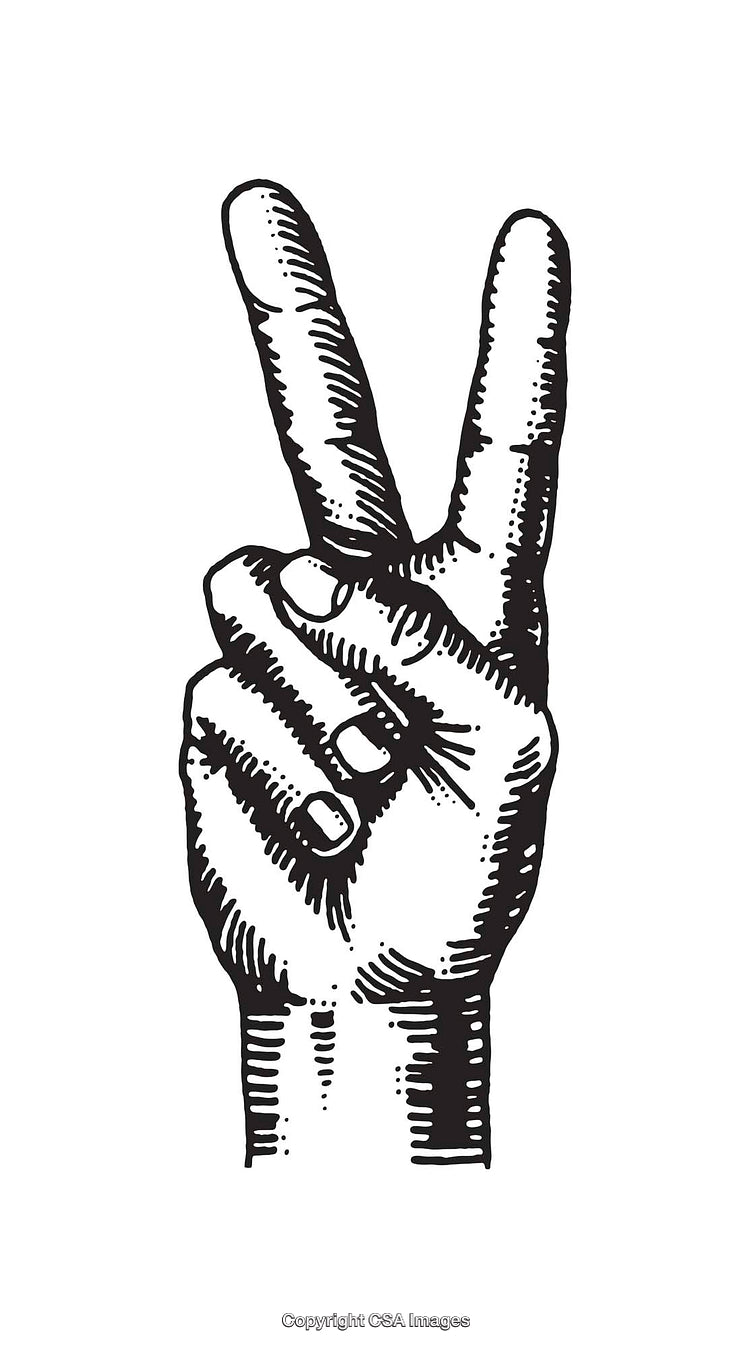 Black and White Line Art Illustration of a Hand Showing Peace Gesture