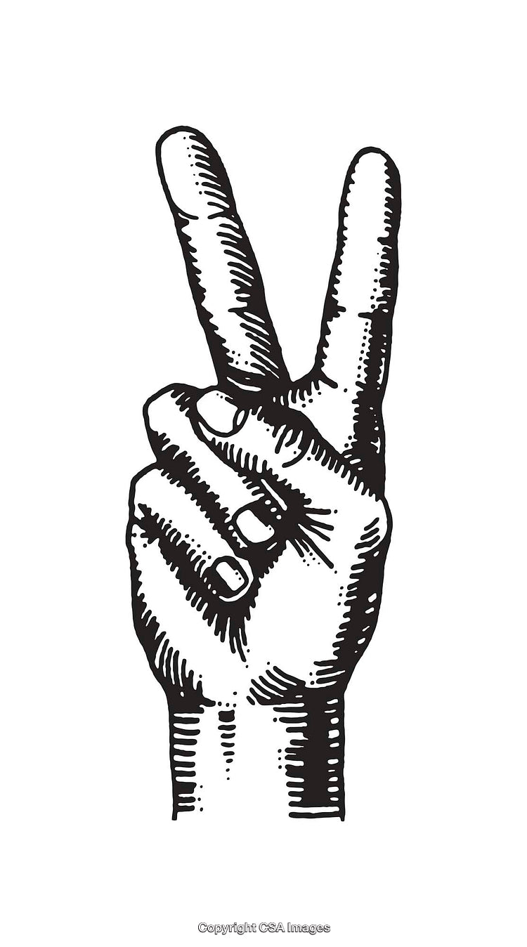 Black and White Line Art Illustration of a Hand Showing Peace Gesture