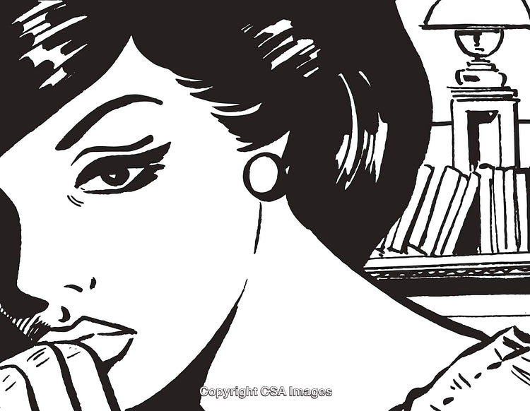 Black and White Illustration of a Pensive Woman in Retro Style