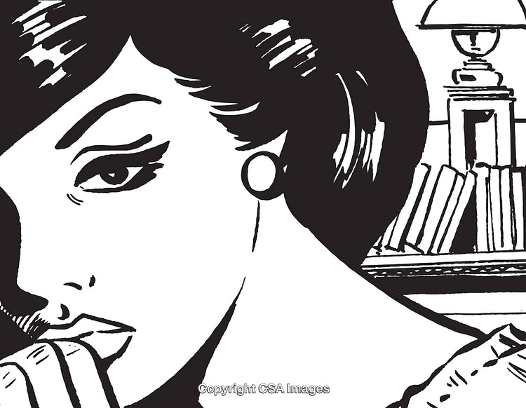 Black and White Illustration of a Pensive Woman in Retro Style