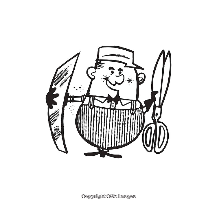 Hand-Drawn Illustration of a Cartoon Worker Holding Scissors and Paper