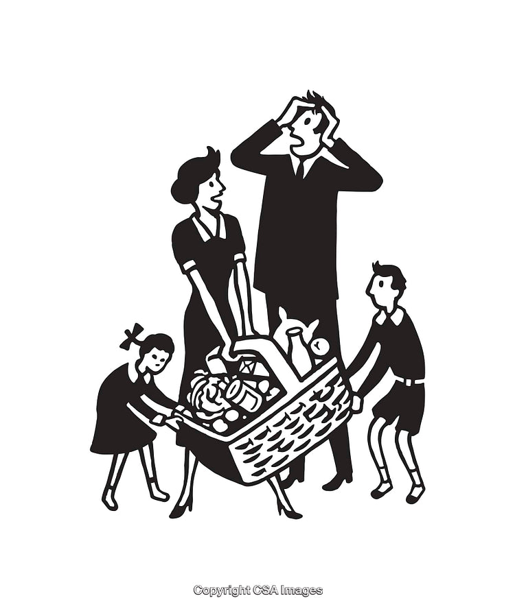 Black and White Line Art of a Family Lifting a Heavy Basket