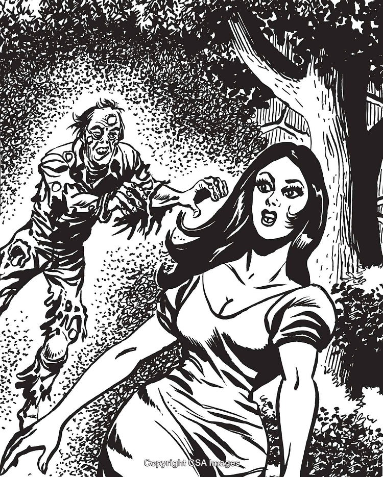 Comic Art of a Woman Fleeing From a Pursuing Zombie in a Forest Scene