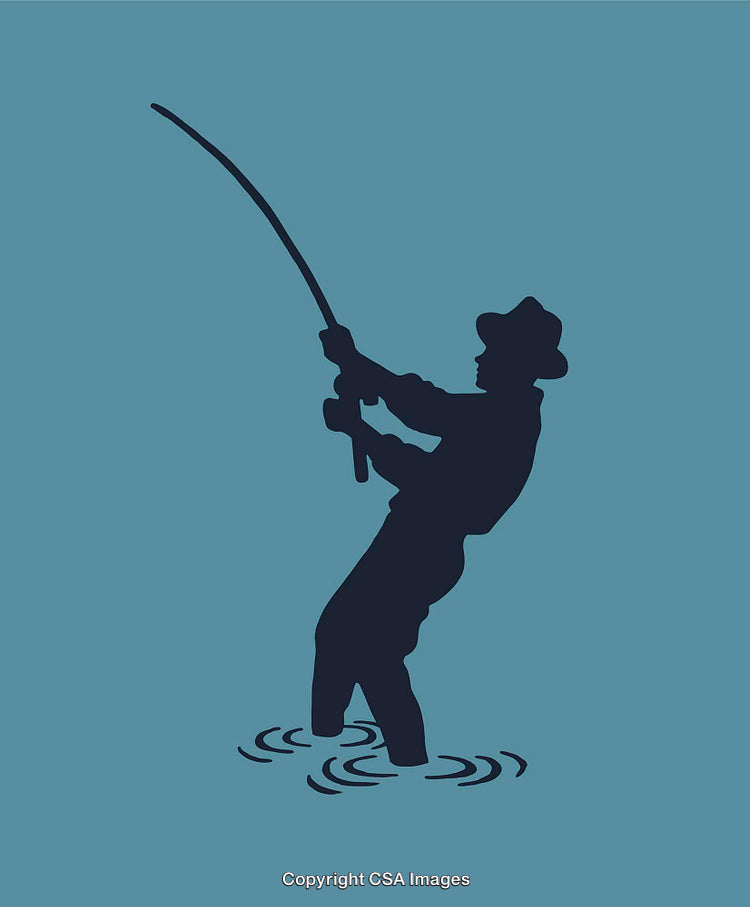 Silhouette Illustration of a Person Fishing in Calm Water