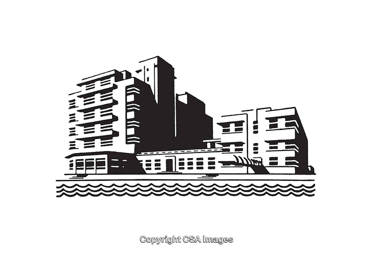 Black and White Line Art Illustration of Modern Waterfront Building Architecture