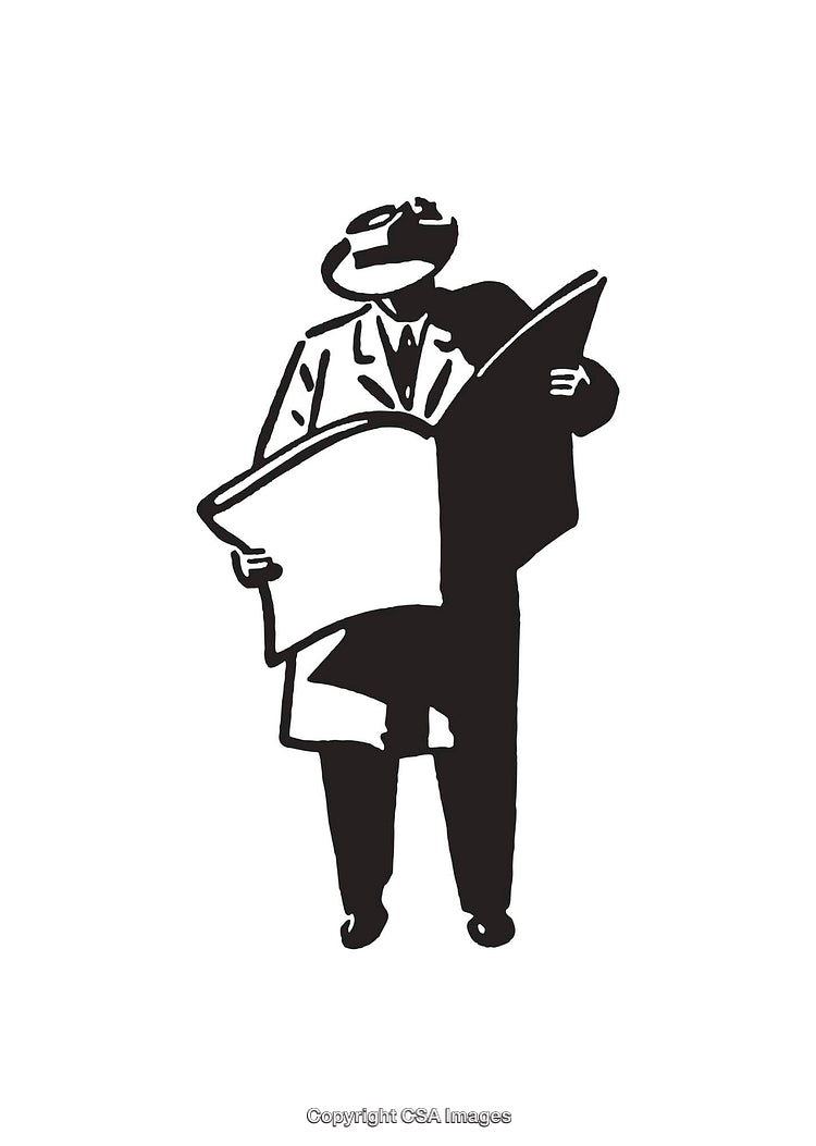 Vintage Black and White Illustration of Man Reading Newspaper
