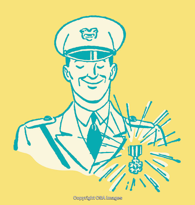 Retro-Style Illustration of a Smiling Officer Receiving a Medal of Honor