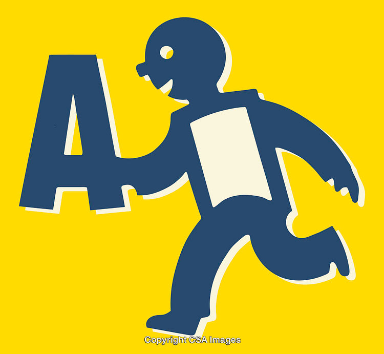 Playful Graphic Walking With Letter A on Bright Yellow Background