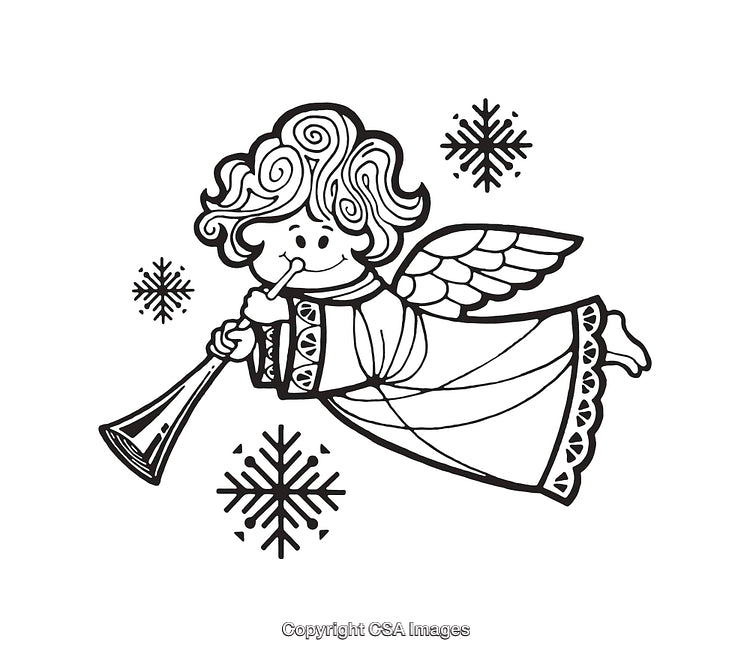 Black and White Angel Playing Trumpet Line Art Illustration