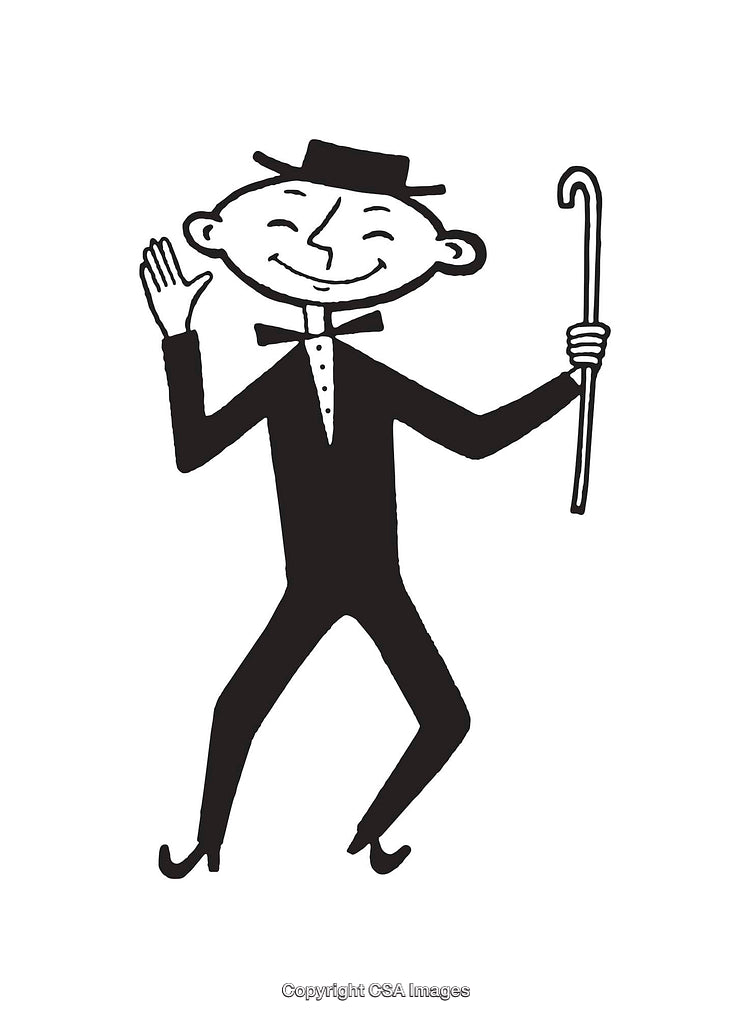 Cheerful Cartoon Gentleman Dancing Holding a Cane in Black and White Art