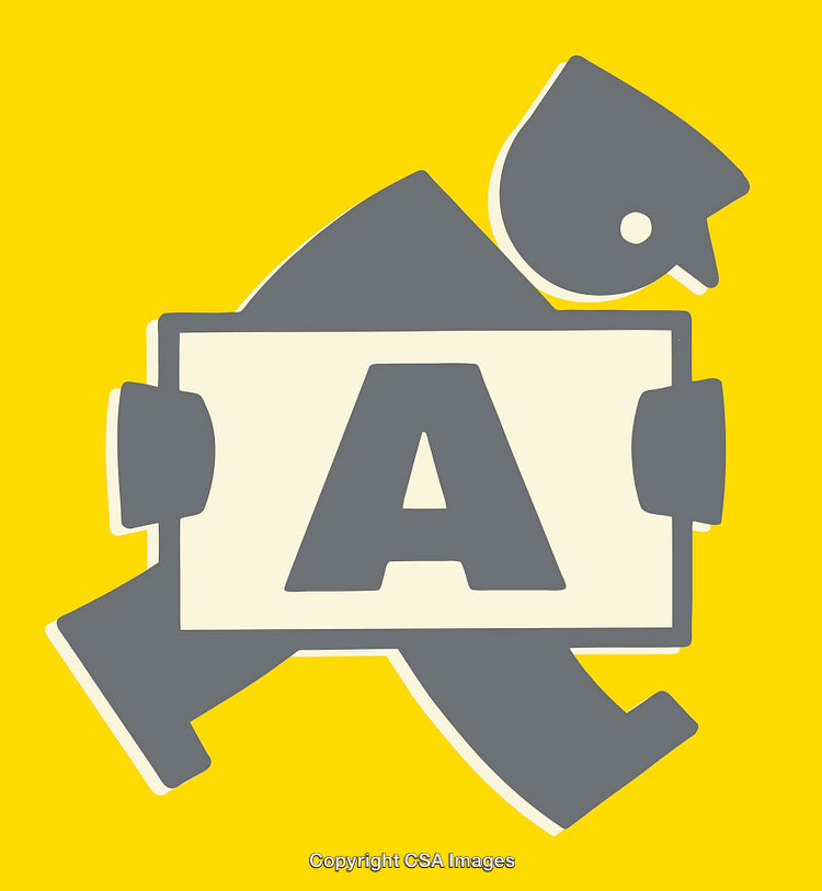 Stylized Illustration of a Walking Figure Carrying a Sign on Yellow Background