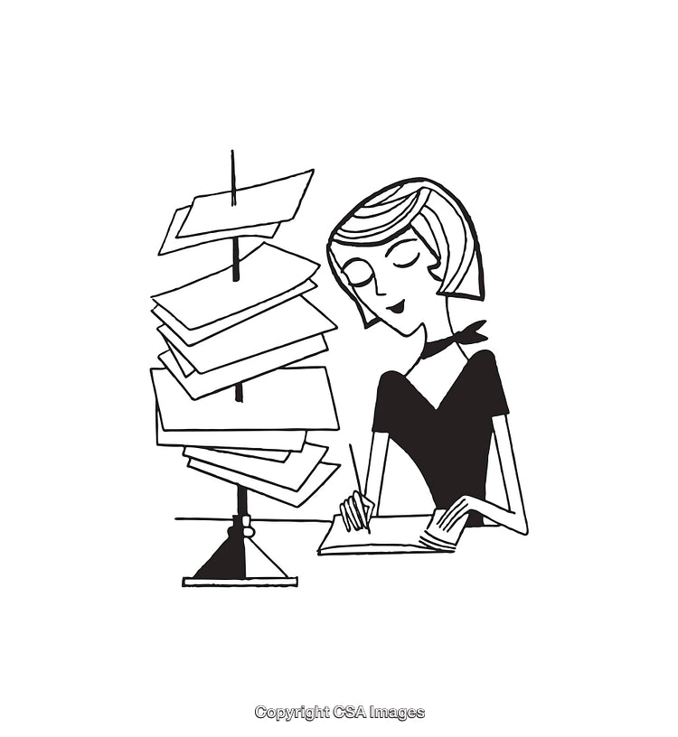 Black and White Line Drawing of Woman Writing with Organized File Rack