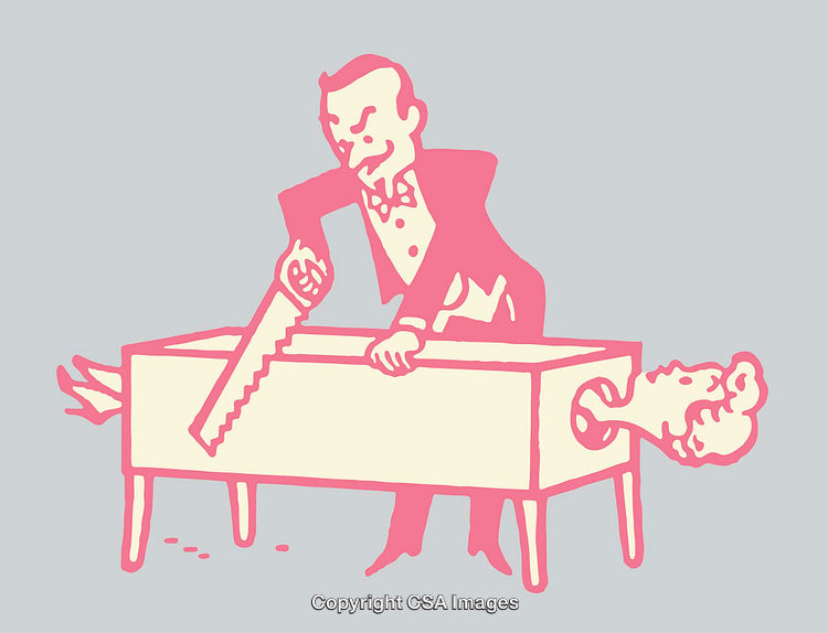 Colorful Illustration of a Magician Performing a Classic Sawing Trick