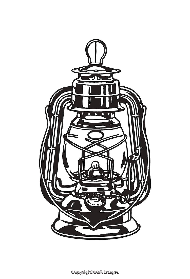 Vintage Kerosene Lamp Illustration in Black and White Line Art Style