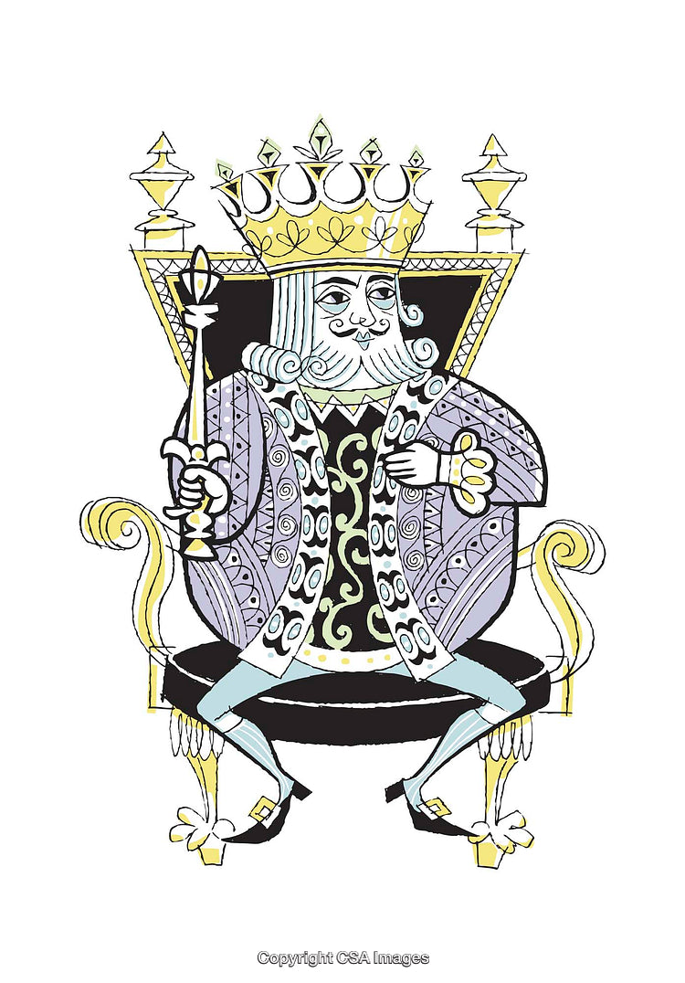 Colorful Illustration of a Regal King on a Throne with Crown and Scepter