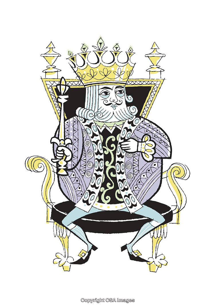 Colorful Illustration of a Regal King on a Throne with Crown and Scepter