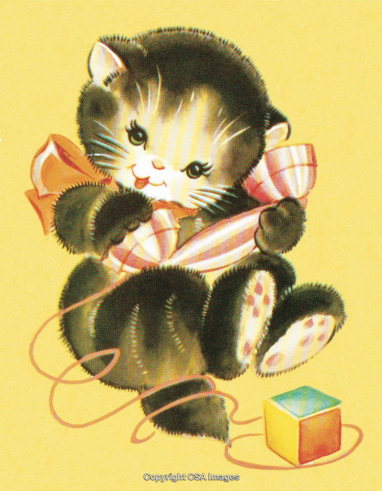 Cute Kitten Playing With Toy Ribbon and Colorful Block